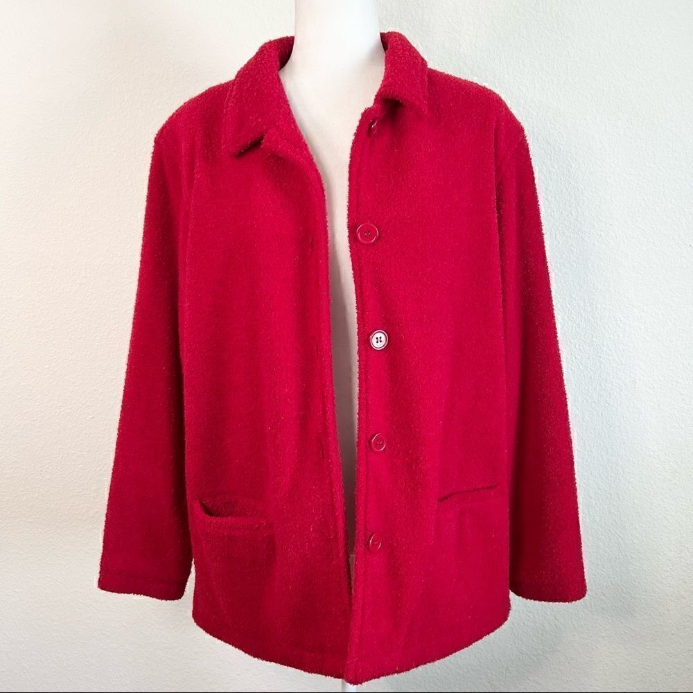 𝅺Sandro Sport Red Soft Textured Button Front Sweater Women's Large Pockets